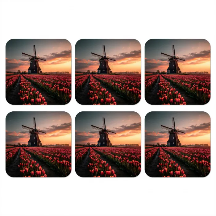 Molen - Zonsondergang - Tulpen - Rood onderzetter kurk middel -3d