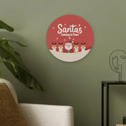 Illustratie - Kerstman - Rendieren - Rood Akoestische PET Vilt - Rond klein -sfeer2