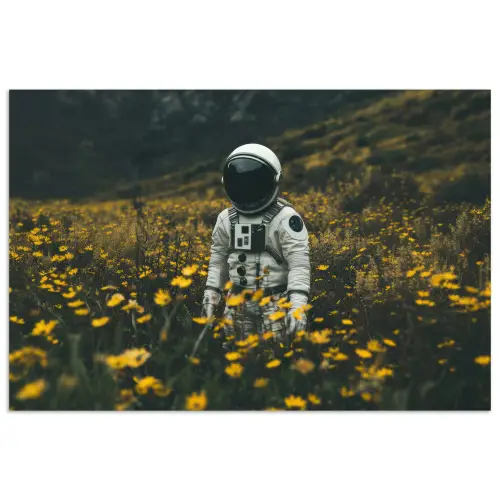 Astronaut - Bloemen - Veld - Geel poster papier klein -3d