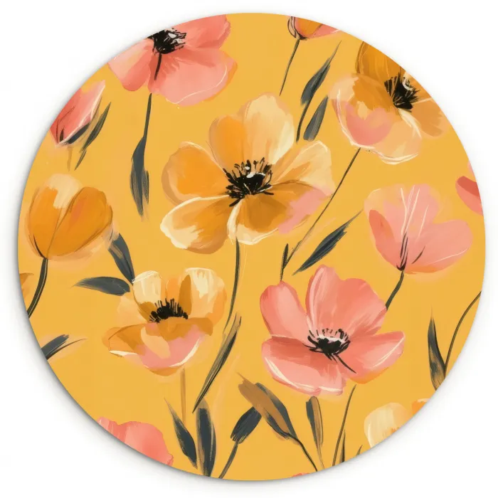 Bloemen - Geschilderd - Geel Wandcirkel kunststof plaat 5mm dik klein -3d