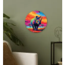 Neushoorn - Zonsondergang - Savanna - Kleurrijk Wandcirkel kunststof plaat 5mm dik klein -sfeer3