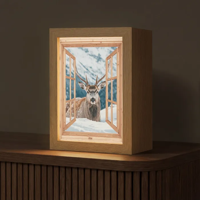 Doorkijk - Hert - Landschap - Winter - Natuur - Dieren - Bergen Light Box met kabel (Tafellamp) klein -z3d_website