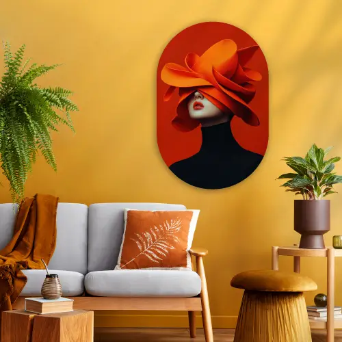 Oranje - Hoed - Vrouw Wandcirkel Ovaal Glas middel -sfeer4