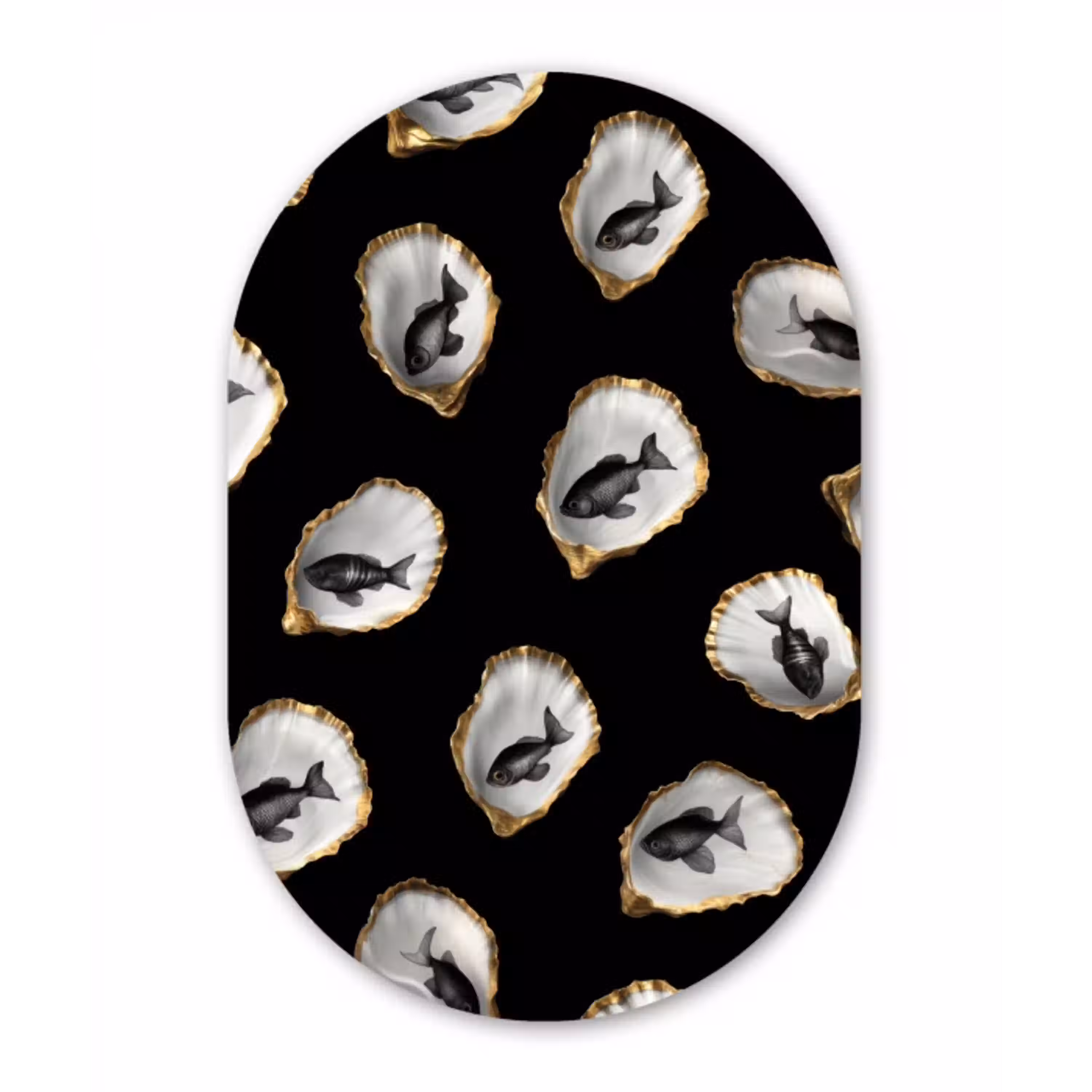 Oesters - Zwart - Vissen - Goud Wandcirkel Ovaal Aluminium middel -3d