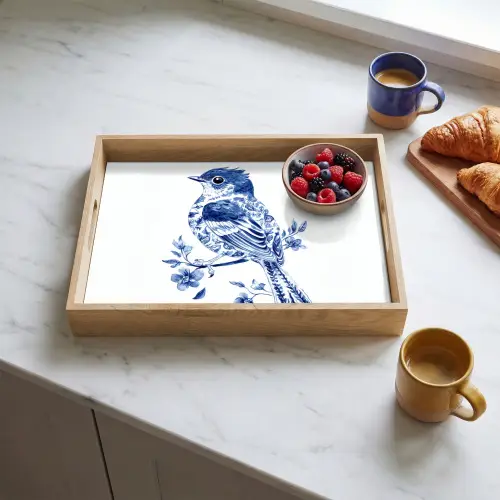 Vogel - Delfts blauw - Illustratie - Bloemen Dienblad Rechthoek middel -sfeer2