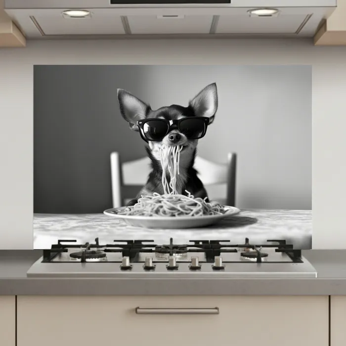 Chihuahua - Hond - Zonnebril - Humoristisch - Zwart - Wit - Spaghetti keuken achterwand spatscherm klein -3d_website