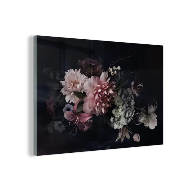 Glas schilderij - Bloemen - Vintage - Pastel - Zwart - Boeket