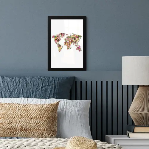 Wereldkaart - Bloemen - Felgekleurd fotolijst zwart zonder passe partout klein -sfeer3