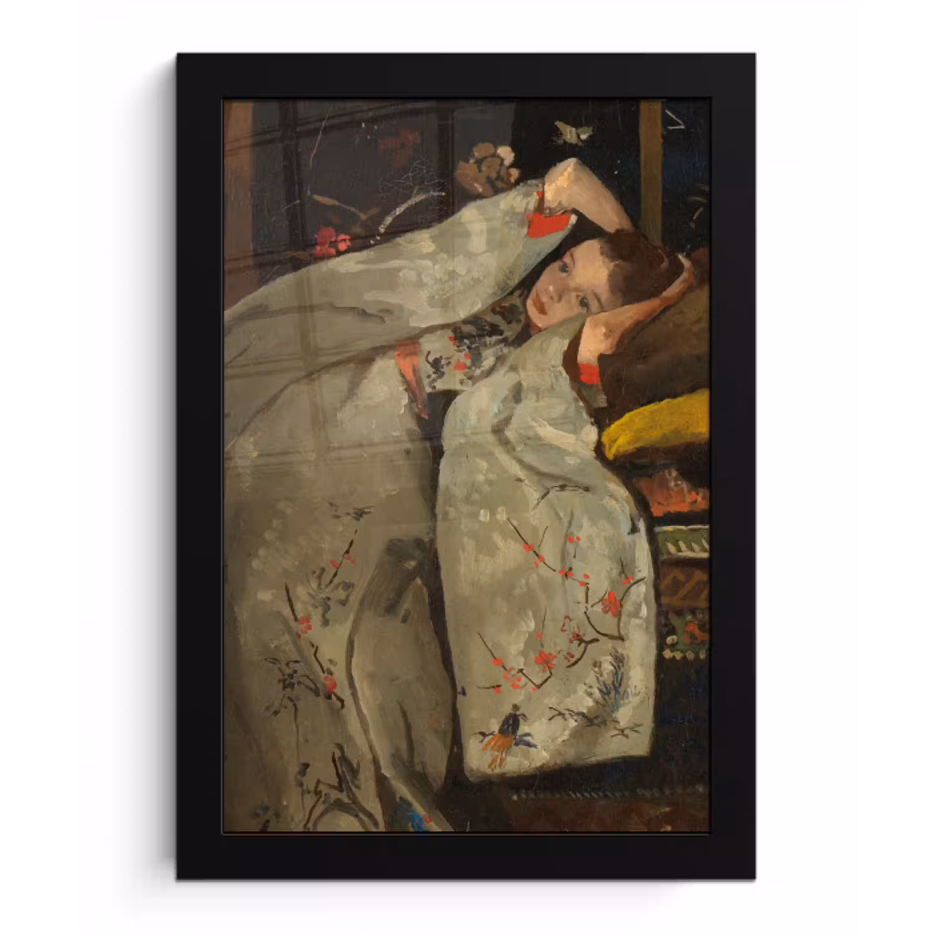 Meisje in witte kimono - Schilderij van George Hendrik Breitner fotolijst zwart zonder passe partout klein -3d