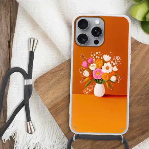 Vaas - Bloemen - Oranje Hoesje iPhone 16 Pro Max met koord klein -sfeer4