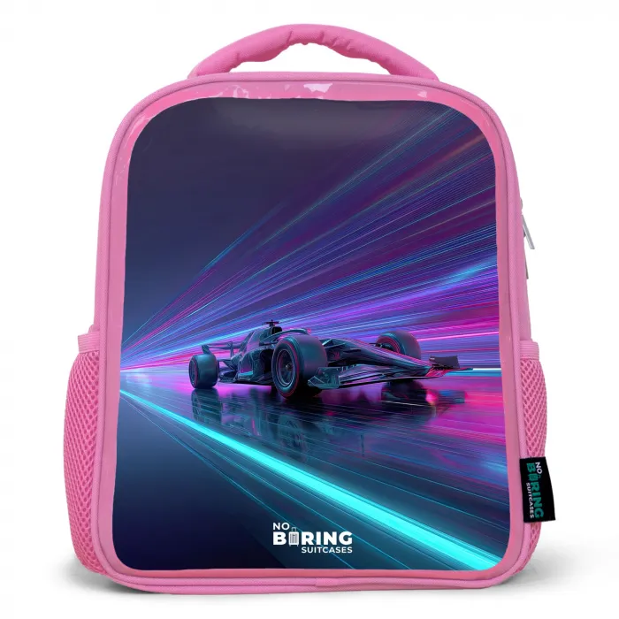 Neon - Raceauto - Lichtstrepen - Paars Kinderrugzak - Roze middel -3d