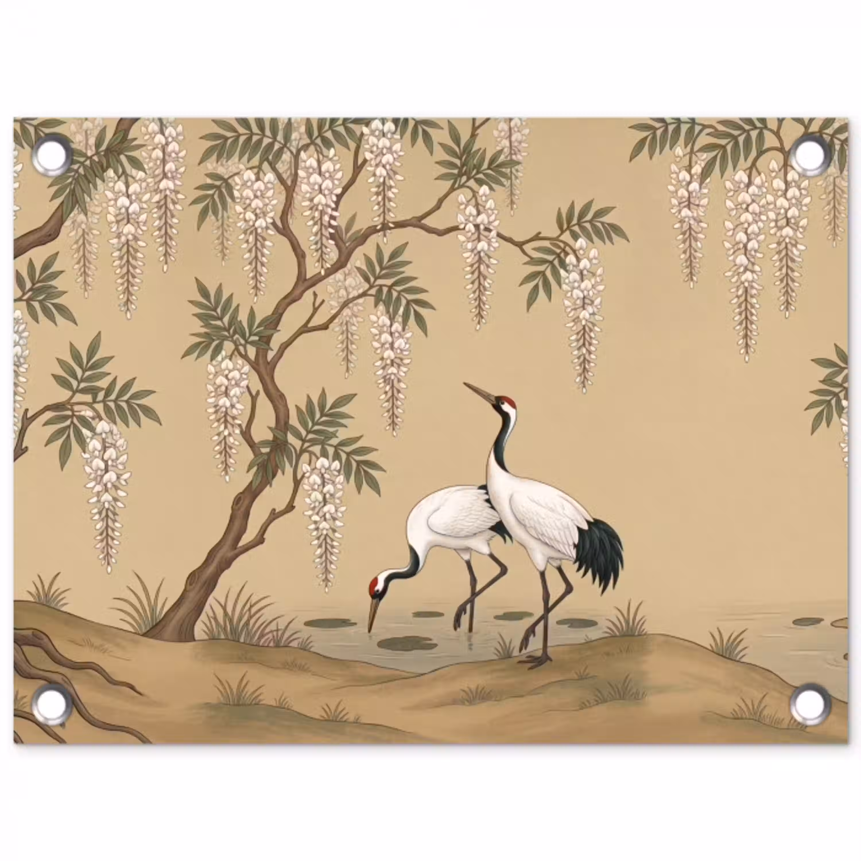 Kraanvogels - Water - Beige tuinposter los doek klein -3d