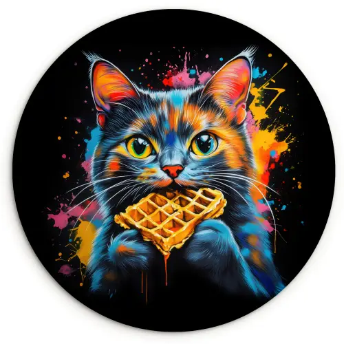 Kat - Graffiti - Kleurrijk - Wafel - Eten Wandcirkel kunststof plaat 5mm dik klein -3d