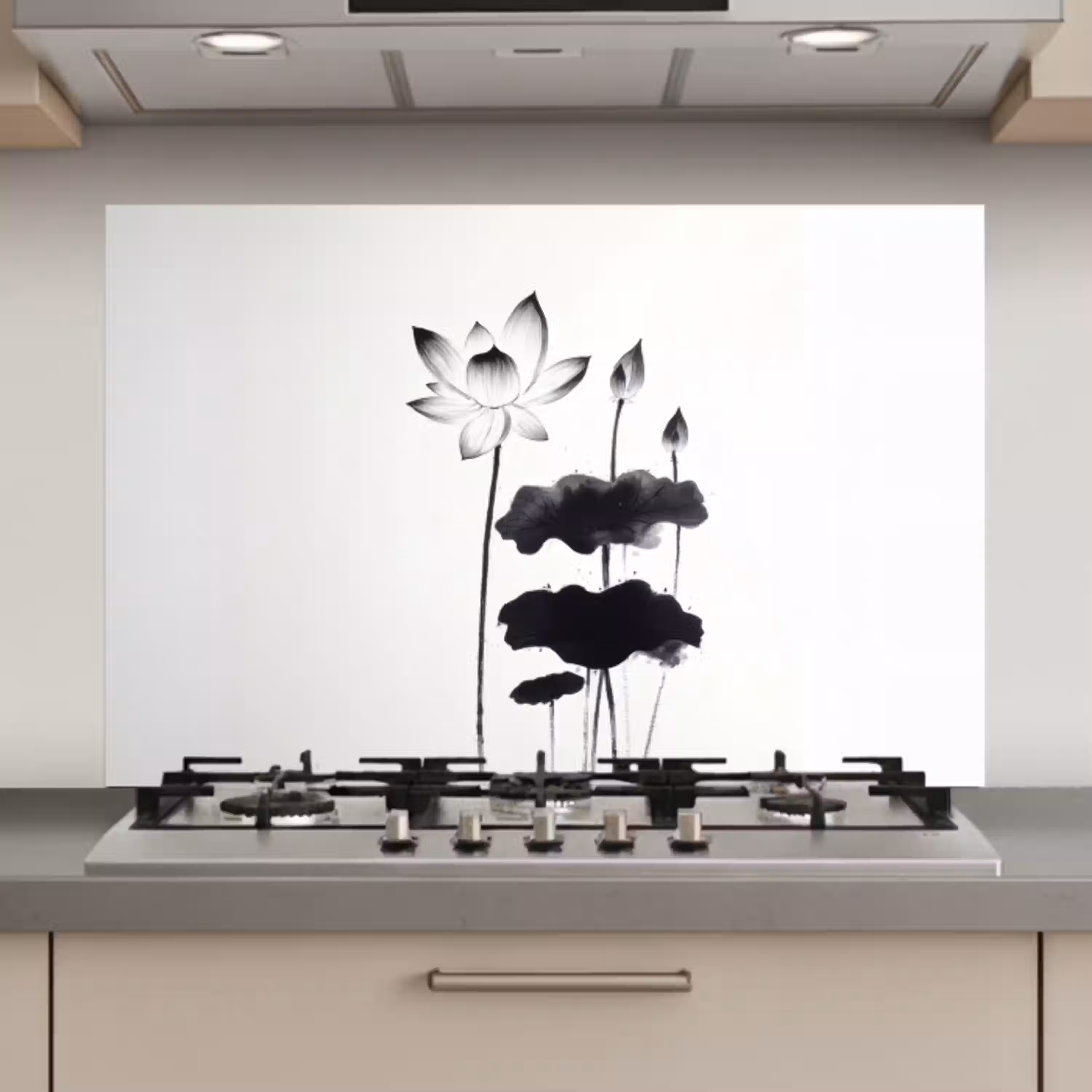 Bladeren - Zwart - Lotusbloem - Minimalitisch keuken achterwand spatscherm klein -3d_website