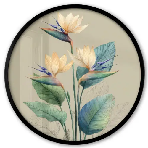 Paradijsvogelbloemen - Blauwgroene bladeren - Beige Fotolijst rond zonder passe partout klein -3d