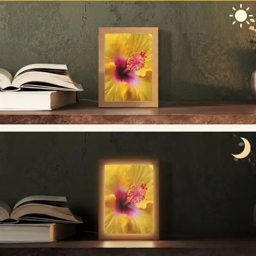 Geel - Hibiscus - Tropisch Light Box met kabel (Tafellamp) klein -sfeer3