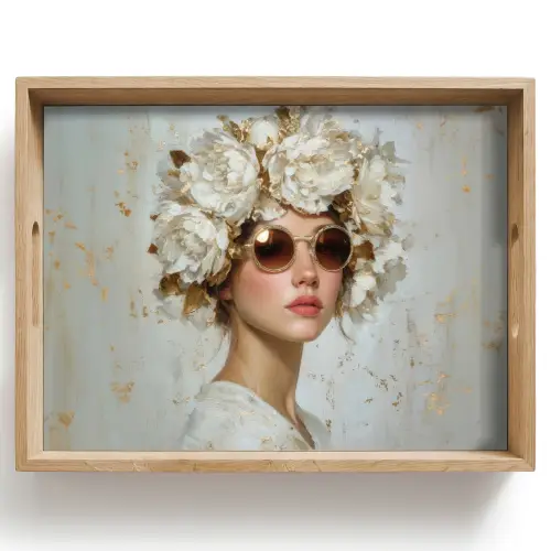 Schilderij - Vrouw - Zonnebril - Bloemenkrans Dienblad Rechthoek middel -z3d_shopping