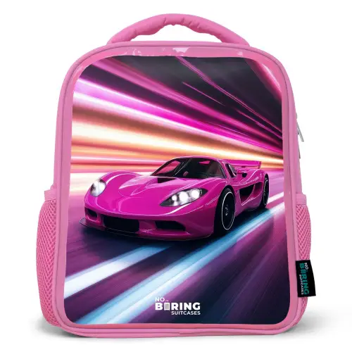 Roze raceauto flitst door neonlicht Kinderrugzak - Roze middel -3d