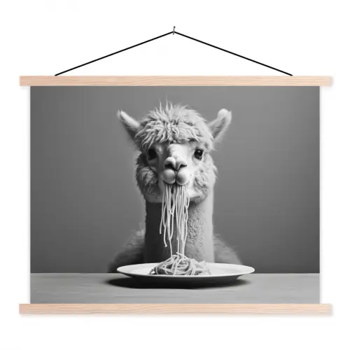 Alpaca - Pasta - Zwart - Wit - Grappig - Dieren textielposter latten blank klein -3d