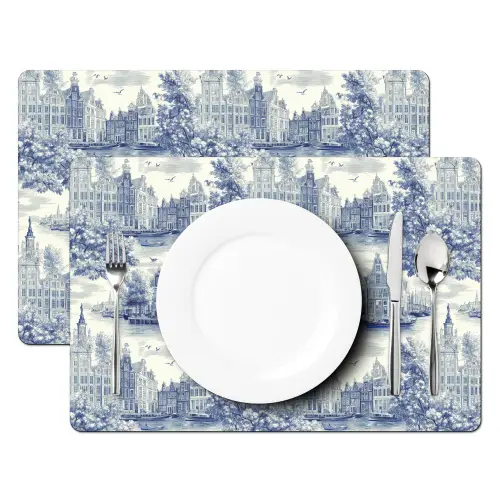 Huizen - Bomen - Water - Vogels - Blauw Placemat vinyl groot 368 -zzsfeer2_Kitchenyeah-website