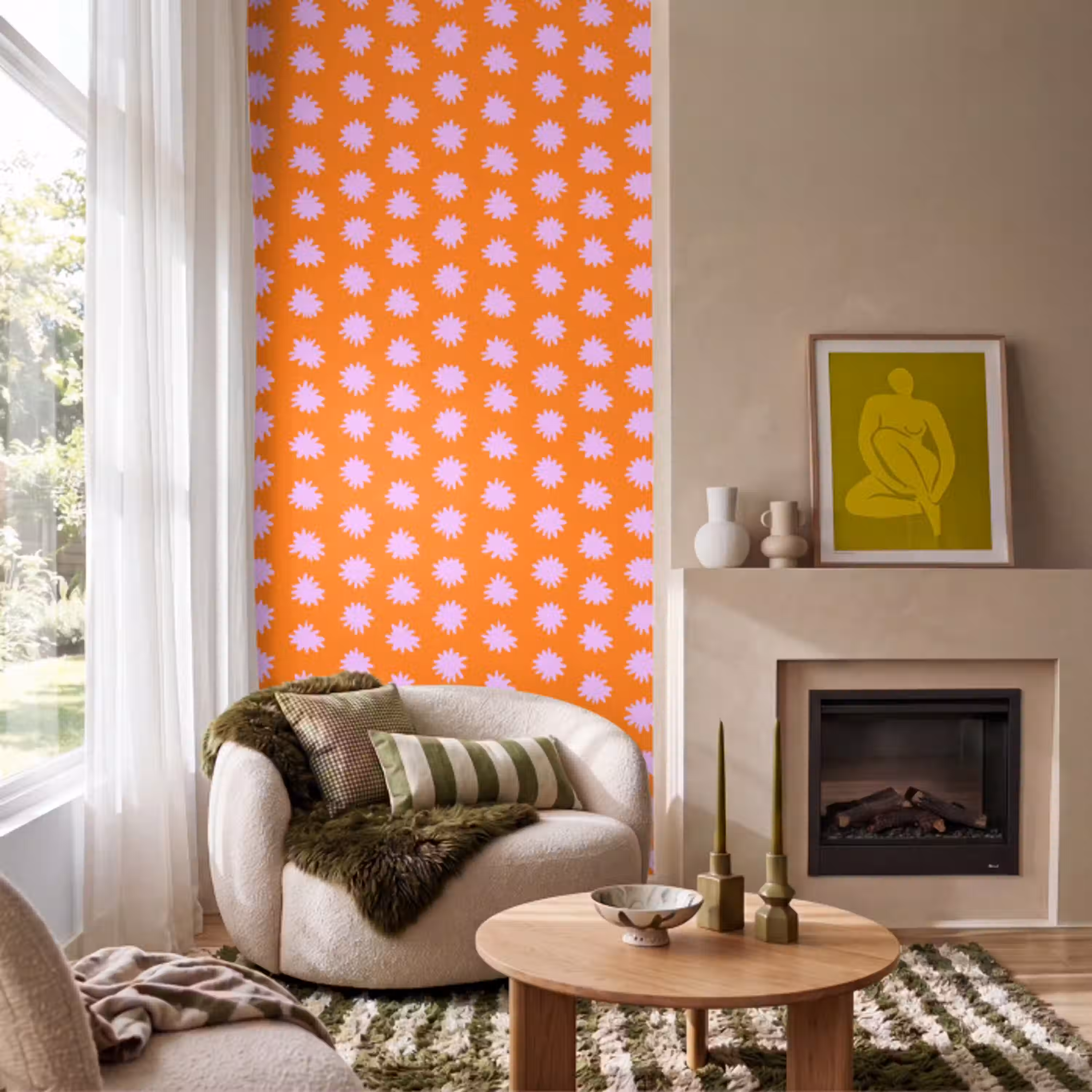 Retro - Bloemen - Oranje Behang Vlies klein 1076 -sfeer2