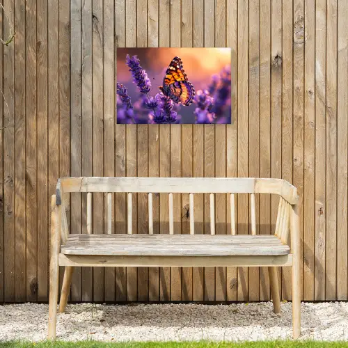 Vlinder op lavendel bij zonsondergang Tuinposter op houten frame 2 cm dik klein -sfeer4