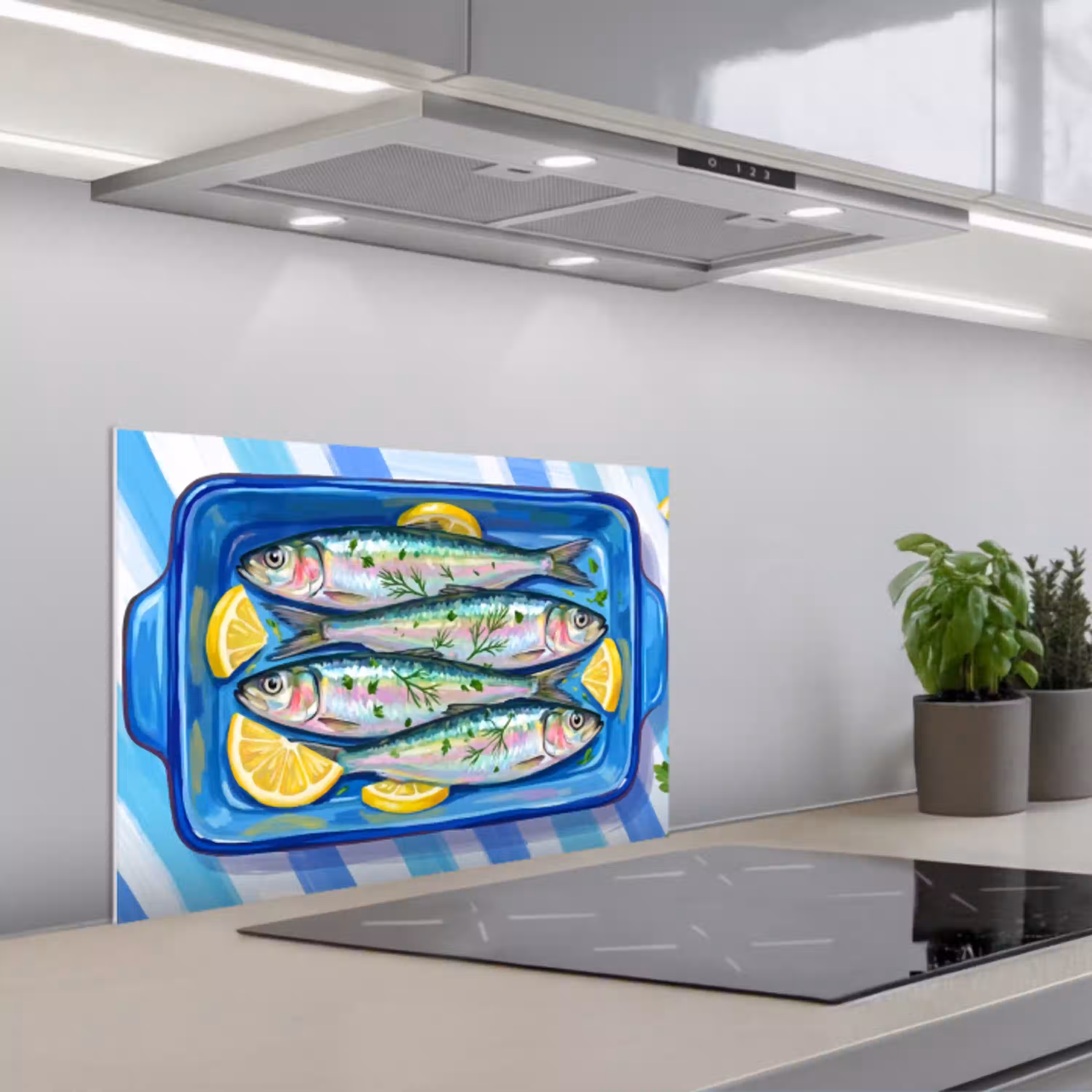 Vis - Citroen - Kruiden - Eten - Blauw keuken achterwand spatscherm klein -3d_schuin