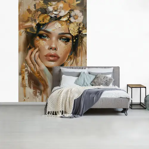 Vrouw - Bloemen  - Goud - Portret fotobehang vinyl groot -slaapkamer