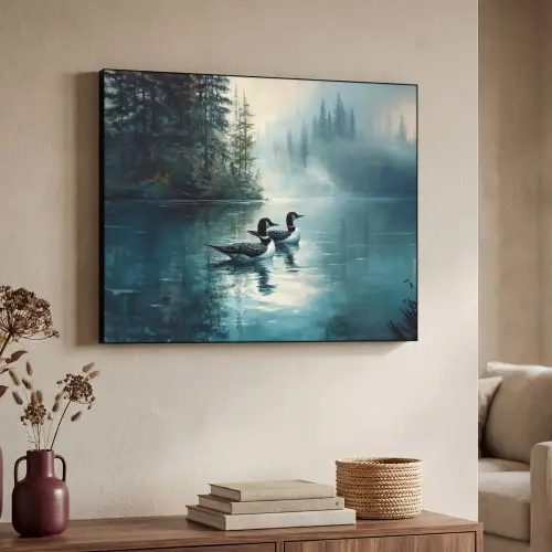 Bos - Water - Eenden - Mistig Textielframe zwart klein -sfeer3