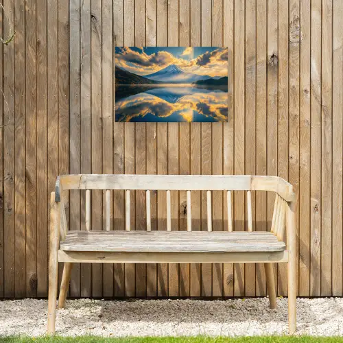 Berg - Rivier - Zonsondergang Tuinposter op houten frame 2 cm dik klein -sfeer4
