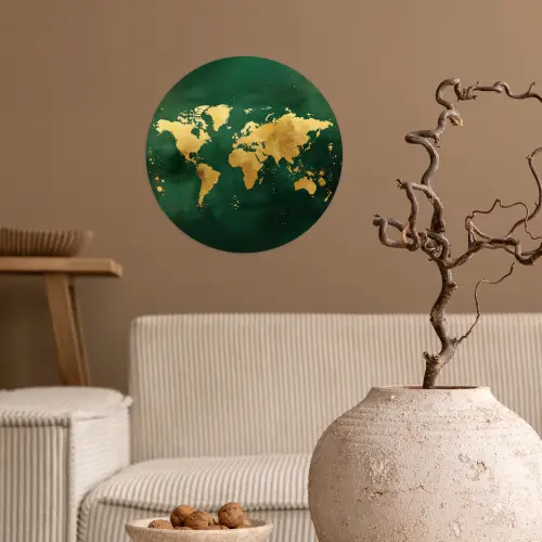 Wereldkaart - Groen - Goud Wandcirkel behangsticker klein -sfeer1