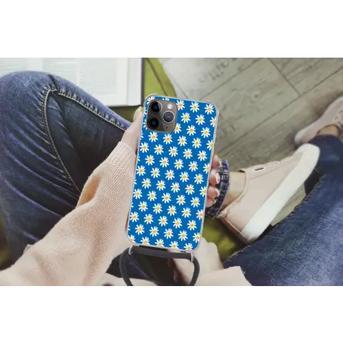 Madeliefjes - Patroon - Blauw - Bloemen Hoesje iPhone 12 Pro met koord klein -hand