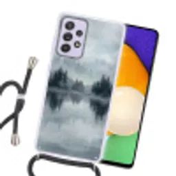 Bos - Meer - Mist - Natuur - Grijs Hoesje Samsung Galaxy A52 5G met koord klein -sfeer1