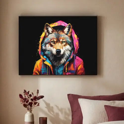 Graffiti - Wolf - Jas - Zwart Textielframe zwart klein -sfeer1