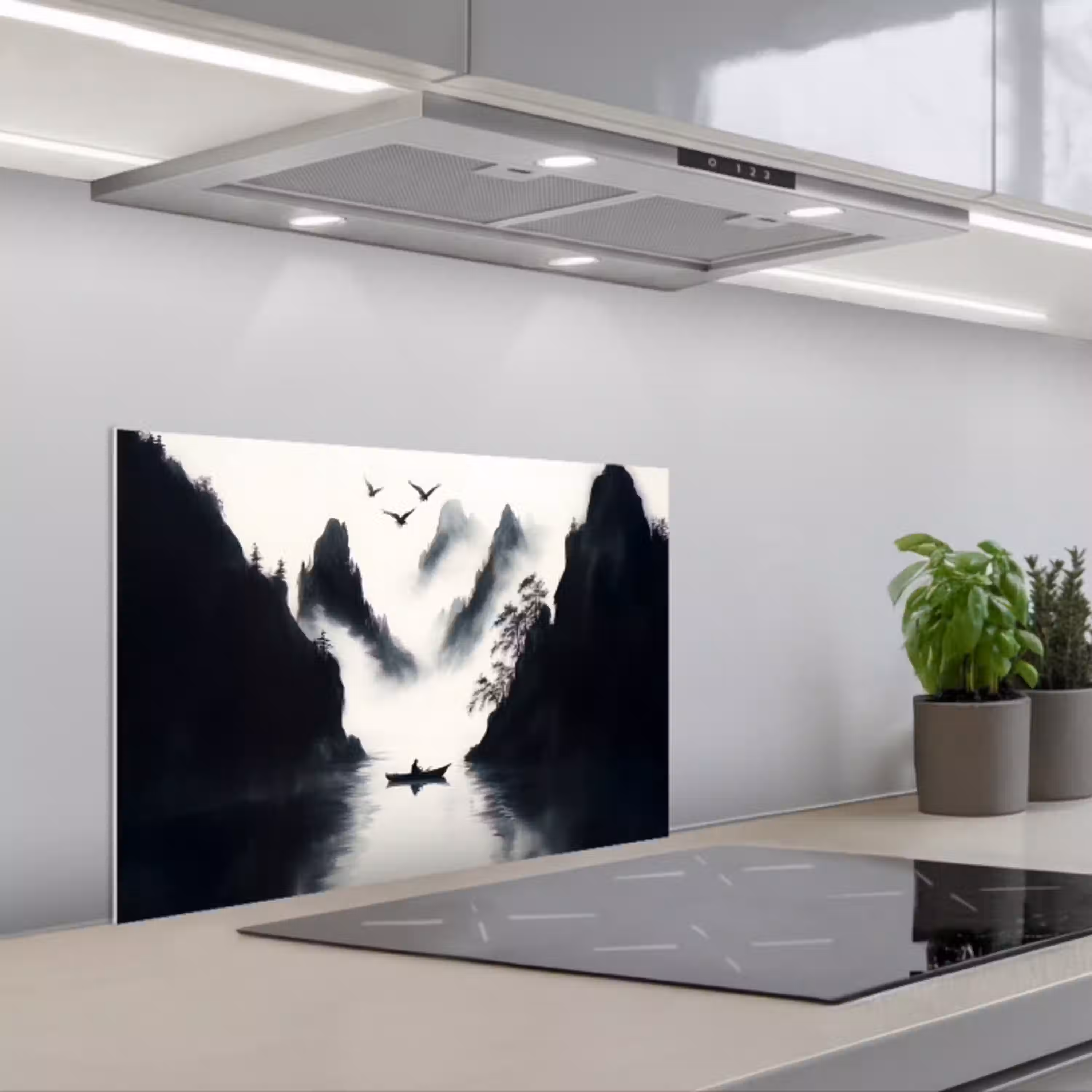 Roeiboot - Mistig - Bergen - Vogels keuken achterwand spatscherm klein -3d_schuin