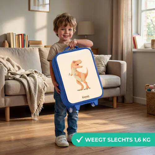 T-rex dino in oranje kleuren Kinderkoffer - Blauw klein -sfeer2_NL