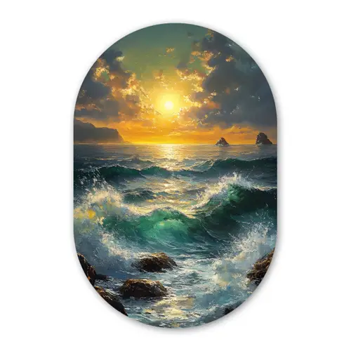Zee - Zon - Golven - Rotsen Wandcirkel Ovaal Forex klein -3d