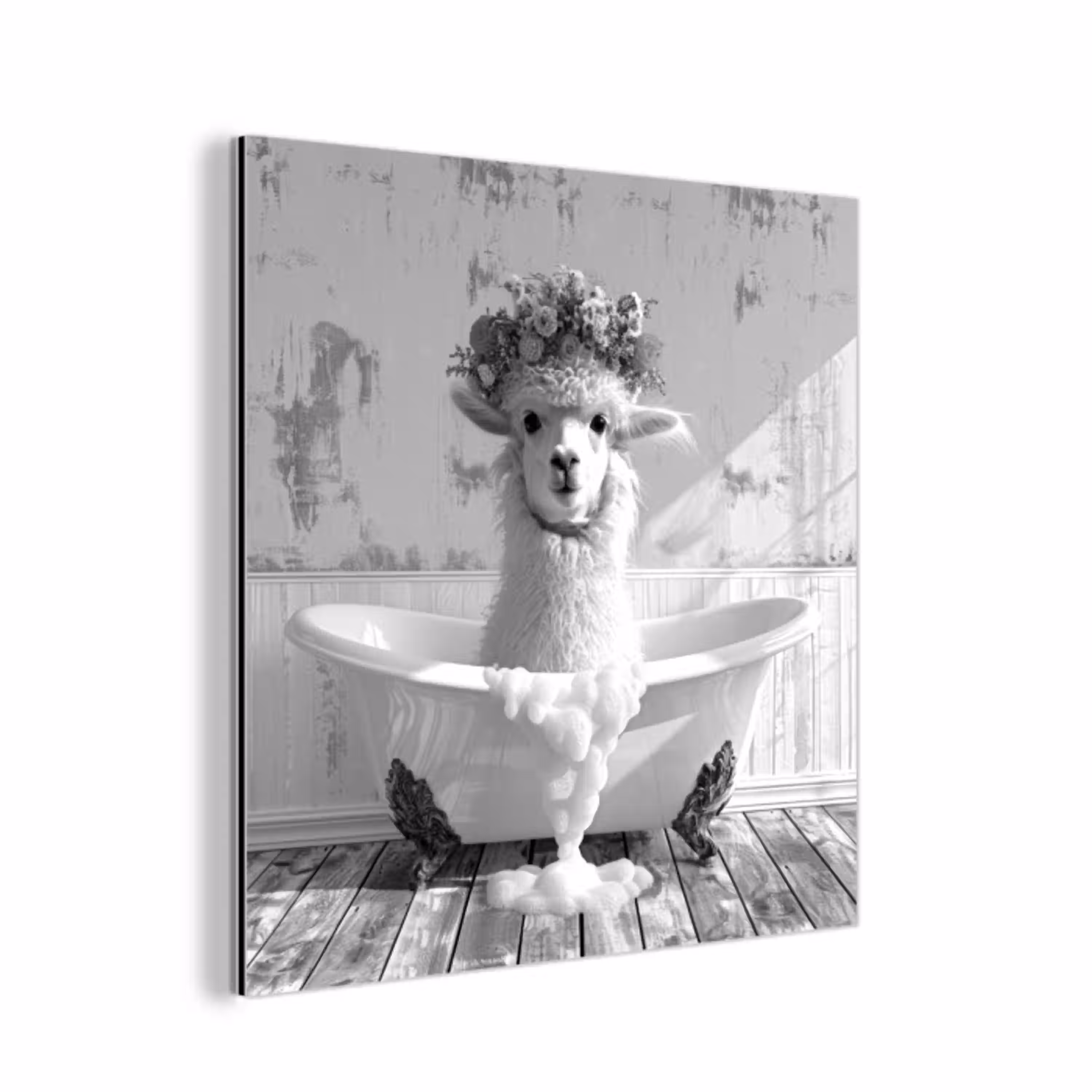 Alpaca - Bloemen - Dier - Bad - Zwart - Wit aluminium wit klein -3d
