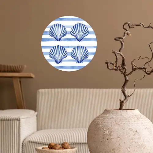 Vier schelpen - Blauw - Wit - Strepen Wandcirkel behangsticker klein -sfeer1