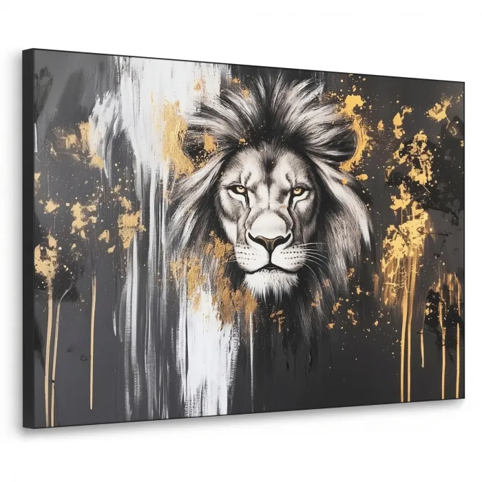 Leeuw - Portret - Verfspatten - Grijs Textielframe - compleet frame klein -3d