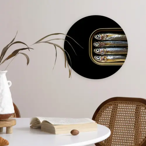 Sardines - Blik - Zwart - Vissen Wandcirkel kunststof plaat 5mm dik klein -sfeer4