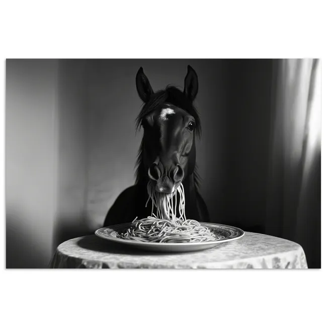Poster - Paard - Bord - Pasta - Tafelkleed - Zwart Wit - Dieren