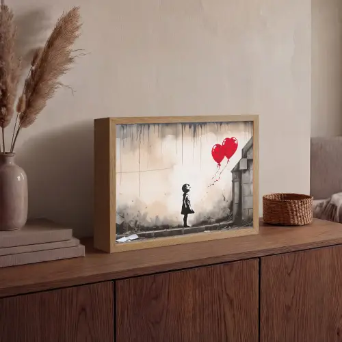 Kunst - Meisje - Ballonnen - Hart - Grijs Light Box met batterij (Wandlamp) middel -sfeer2