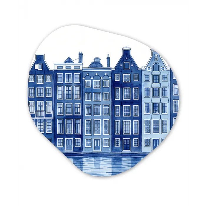 Aquarel - Grachtenpanden - Delfts - Blauw Wandcirkel Organisch Aluminium middel -3d