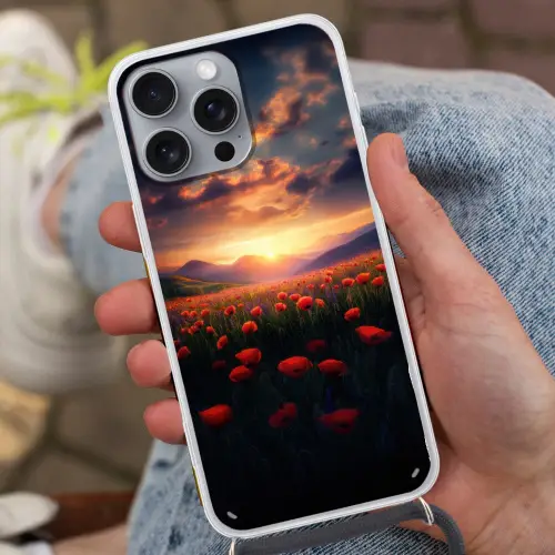 Landschap - Zonsondergang - Bloemenveld Hoesje iPhone 16 Pro Max met koord klein -sfeer3