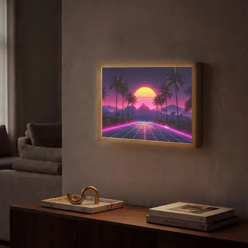 Horizon - Palmbomen - Bergen - Geel Light Box met batterij (Wandlamp) middel -sfeer1