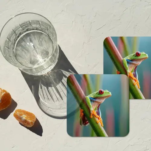 Kleurrijke kikker - Groene stengel - Alert onderzetter kurk middel -sfeer4