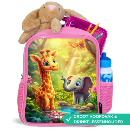 Giraf en olifant bij beekje in de Jungle Kinderrugzak - Roze middel -inhoud_NL