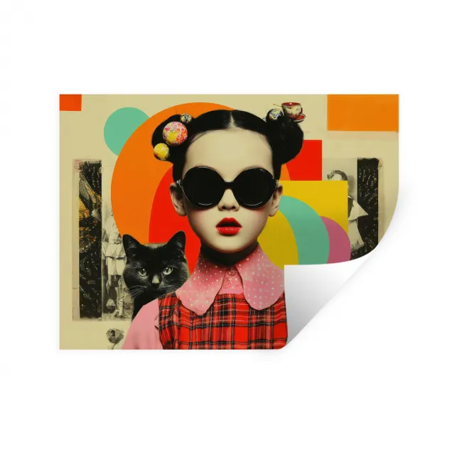 Muursticker - Meisje - Zonnebril - Kat - Retro