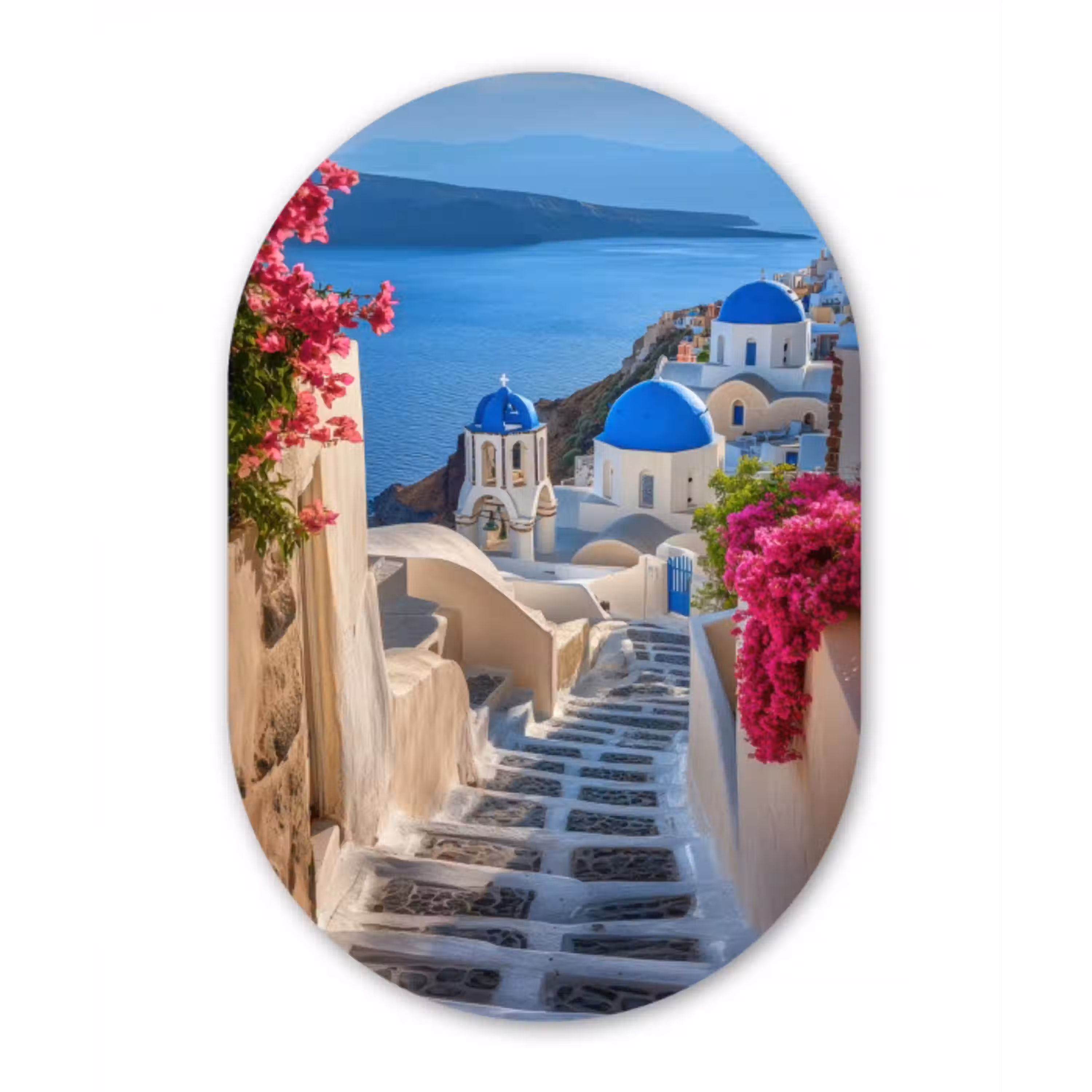 Santorini - Bloemen - Griekenland Wandcirkel Ovaal Glas middel -3d